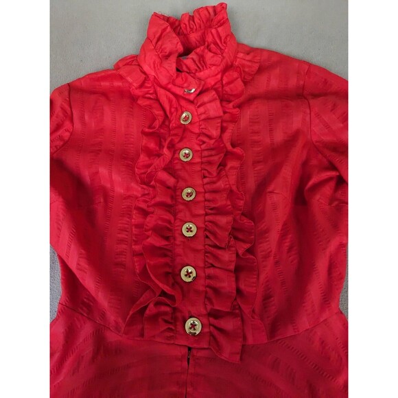 Jean Varon dress, 1960s / 1970s ruffled shirt dress, long bishop Sleeves RED - Picture 4 of 7